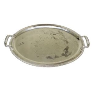 Vintage brass metal oval Tray with handle - Silver