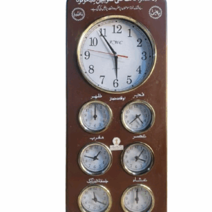 ساعة جدارية خشبية مخزنة بحالة ممتازة يحمل تواقيت الصلوات شغالة % 100 بارتفاع 80 سم