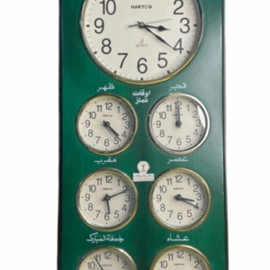 ساعة جدارية خشبية مخزنة بحالة ممتازة يحمل تواقيت الصلوات بارتفاع 86 سم والعرض 34 سم شغال % 100